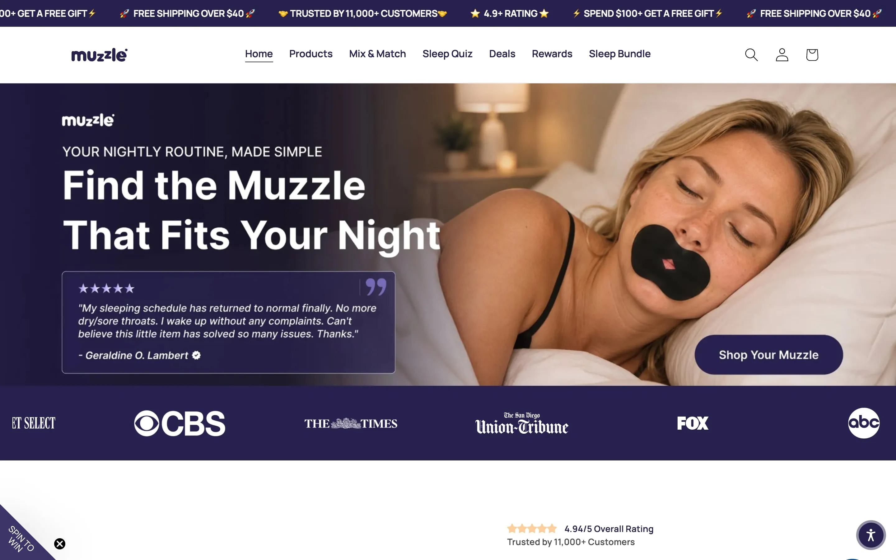 Muzzle Sleep Shopify store homepage