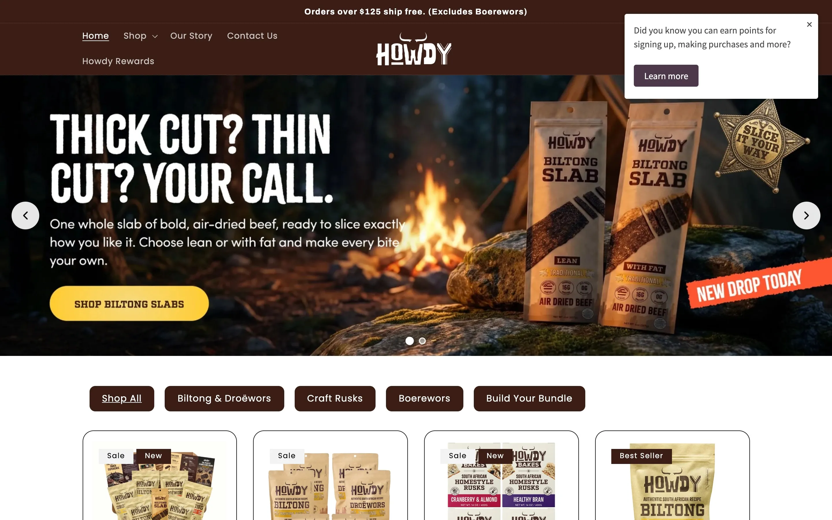 Howdy Snax Shopify store homepage