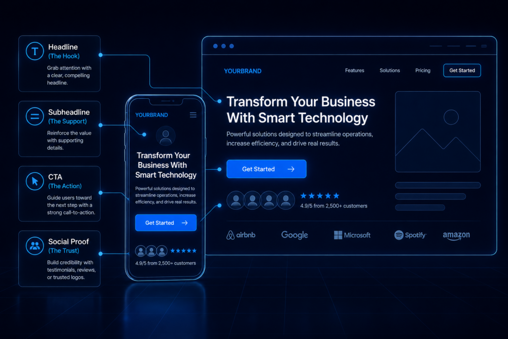 Landing Page Optimization: A Complete Guide for Businesses 2 Diagram of a landing page showing headline, CTA, and social proof.