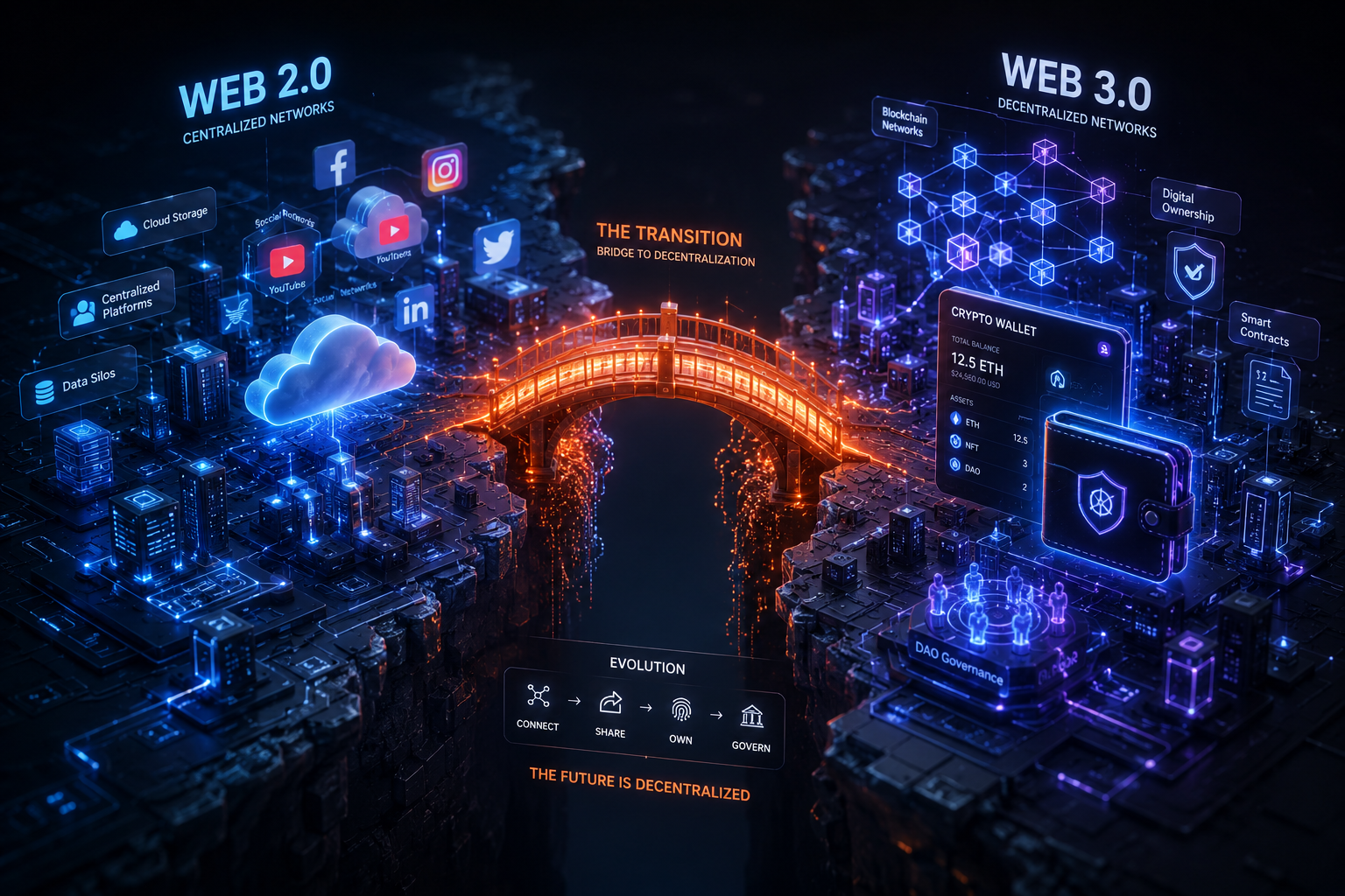 A 3D conceptual illustration showing the transition from Web 2.0 to Web 3.0 UI elements.