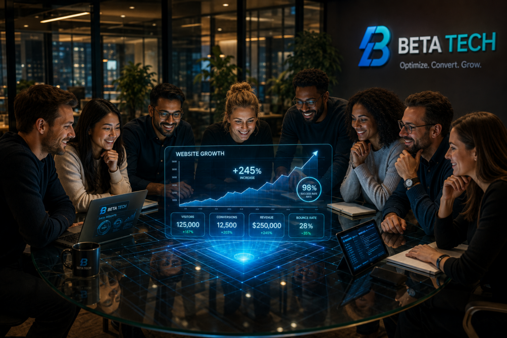Landing Page Optimization: A Complete Guide for Businesses 6 The Beta Tech team working on a digital strategy.