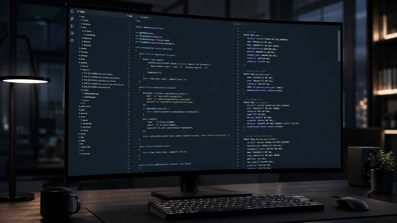 Sleek, professional developer workspace displaying optimized backend code structure and database migrations on a high-end monitor in a dark-mode digital agency environment.