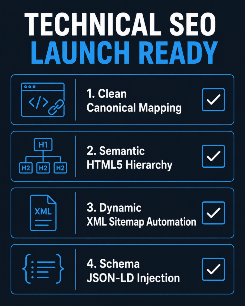 A 4:5 vertical vector checklist detailing the core components of a technical search engine optimization launch framework, focusing on clean canonical tags, HTML5 structure, automated sitemaps, and structured schema data.