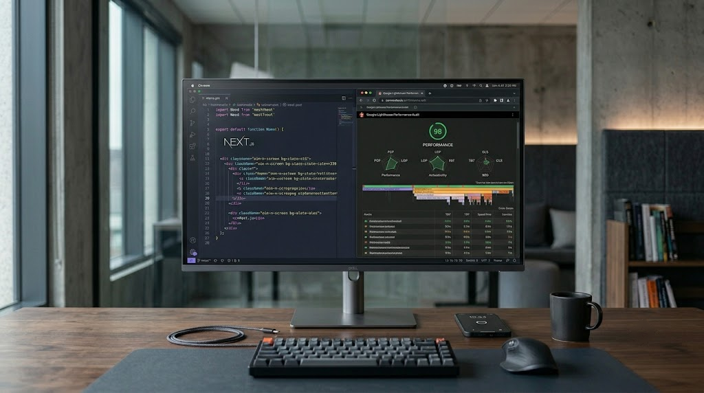 A minimalist developer workstation featuring clean codebase structures on a high-end monitor with professional studio lighting, showing high-performance site architecture data.
