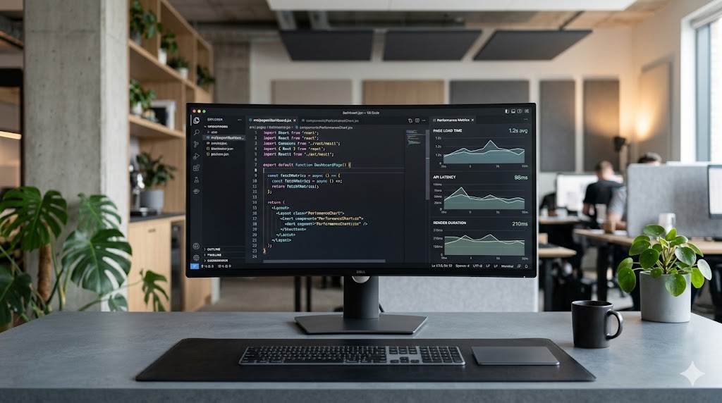 A clean, minimalist dark-mode software development environment on a premium high-end monitor displaying highly organized component-driven code architecture and Core Web Vitals optimization charts.