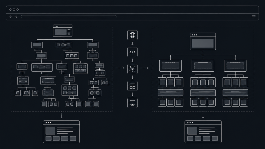A clean, minimalist technical diagram displaying a browser's layout parsing paths, comparing the unoptimized nested blocks of pre-made templates with the clean path of engineered custom semantic code.