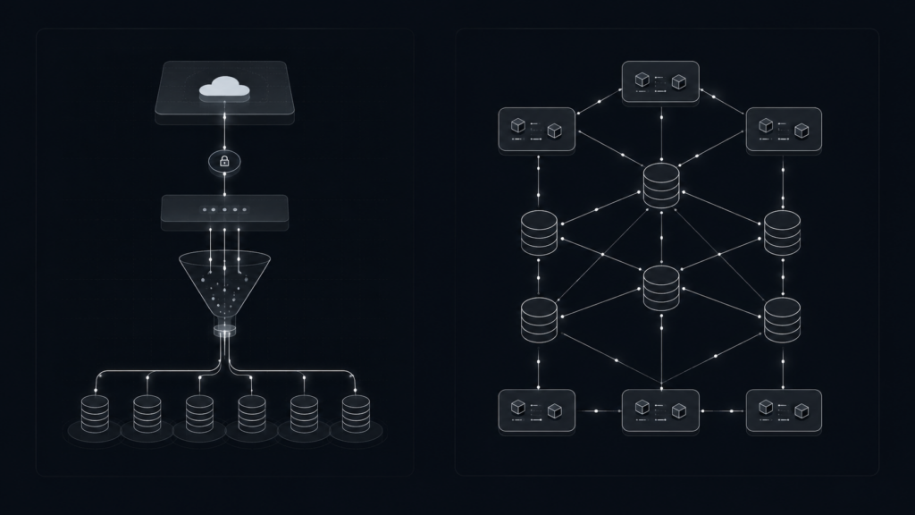 Why Your Business Needs a Professional Website vs Webflow 1 A clean, minimalist systems architecture diagram comparing the rigid data structures of a closed visual builder platform with the scalable, relational database nodes of custom engineering.