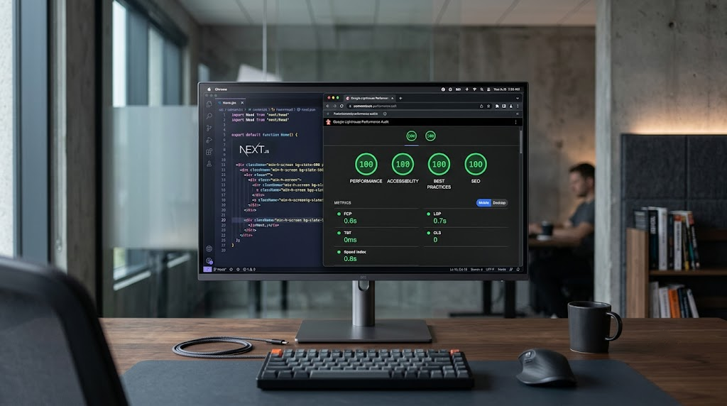 A high-end minimalist developer workstation monitor displaying a Google Lighthouse Core Web Vitals performance audit showing perfect 100 mobile scores, surrounded by clean dark mode code editors.