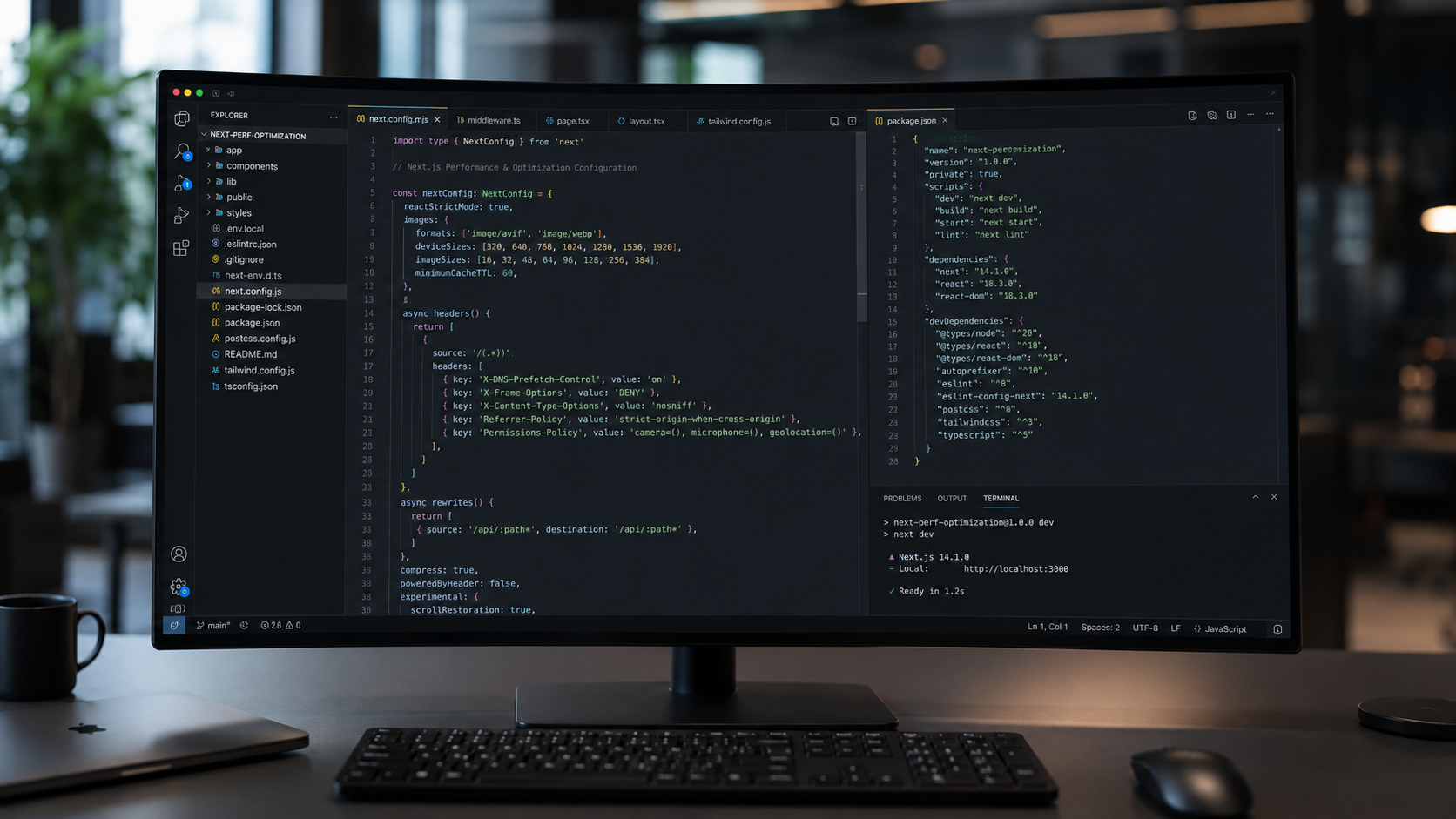Clean modern developer workspace featuring structural text on a premium dark mode monitor display, illustrating high-performance core web vitals code structure.
