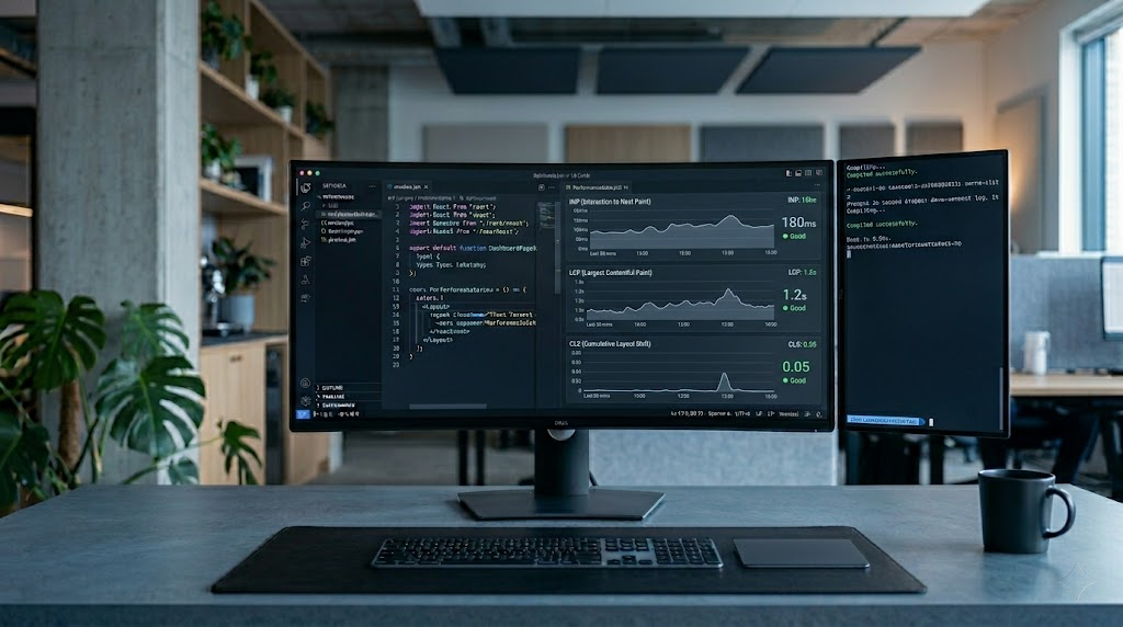 A clean dark mode developer interface displaying automated Core Web Vitals performance metrics and real-time page speed rendering graphs on a professional studio monitor.
