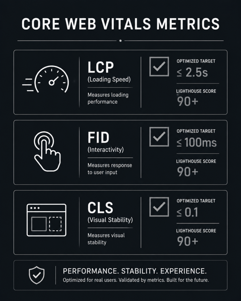 A minimal 4:5 vector checklist infographic itemizing the Core Web Vitals optimization thresholds required to protect user retention and organic visibility.