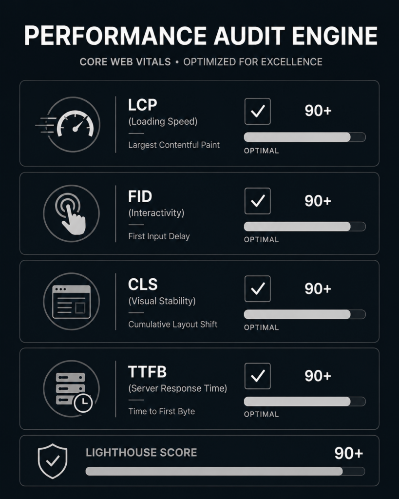 Why Your Business Needs a Professional Website vs Webflow 3 A minimal 4:5 vector checklist detailing the core technical performance requirements and speed optimization parameters defined by the Google Core Web Vitals guidelines.