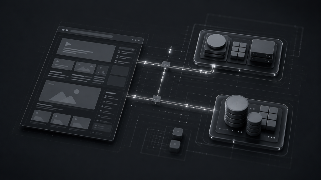 Why Your Business Needs a Professional Website vs Webflow 4 A professional technical schematic illustrating a custom web application decoupling its frontend presentation layer from its underlying backend systems and enterprise data infrastructure.