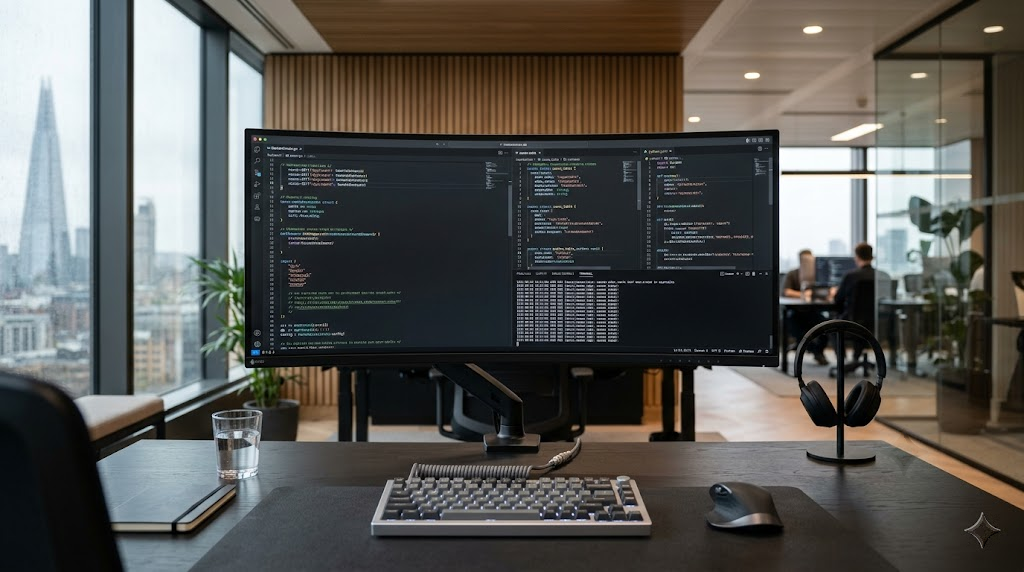 Sleek dark-mode development station displaying multi-layered database schema configurations and clean Next.js architecture on a professional studio monitor.