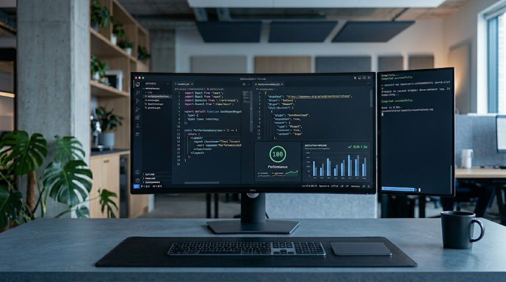High-performance custom web development dashboard displaying server response metrics, clean React component data models, and specialized software code structures on a premium workspace monitor.