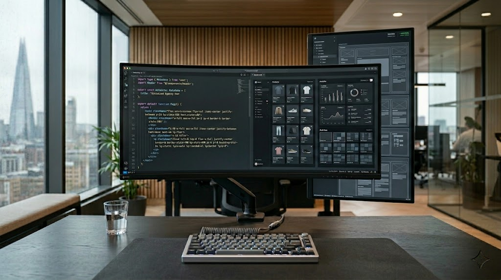A crisp, close-up architectural photograph of a high-end dual-monitor workstation displaying optimized Next.js source code alongside a clean, responsive user interface framework in a professional, softly blurred agency studio setting.