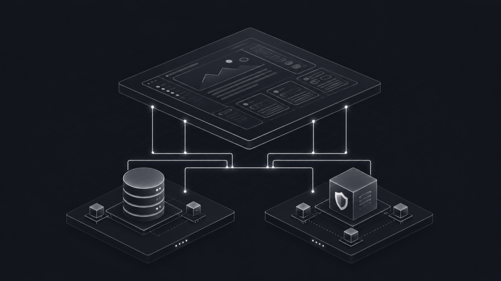 An isometric systems infrastructure diagram demonstrating a decoupled custom web application structure where the user interface is completely separated from the backend relational database nodes.