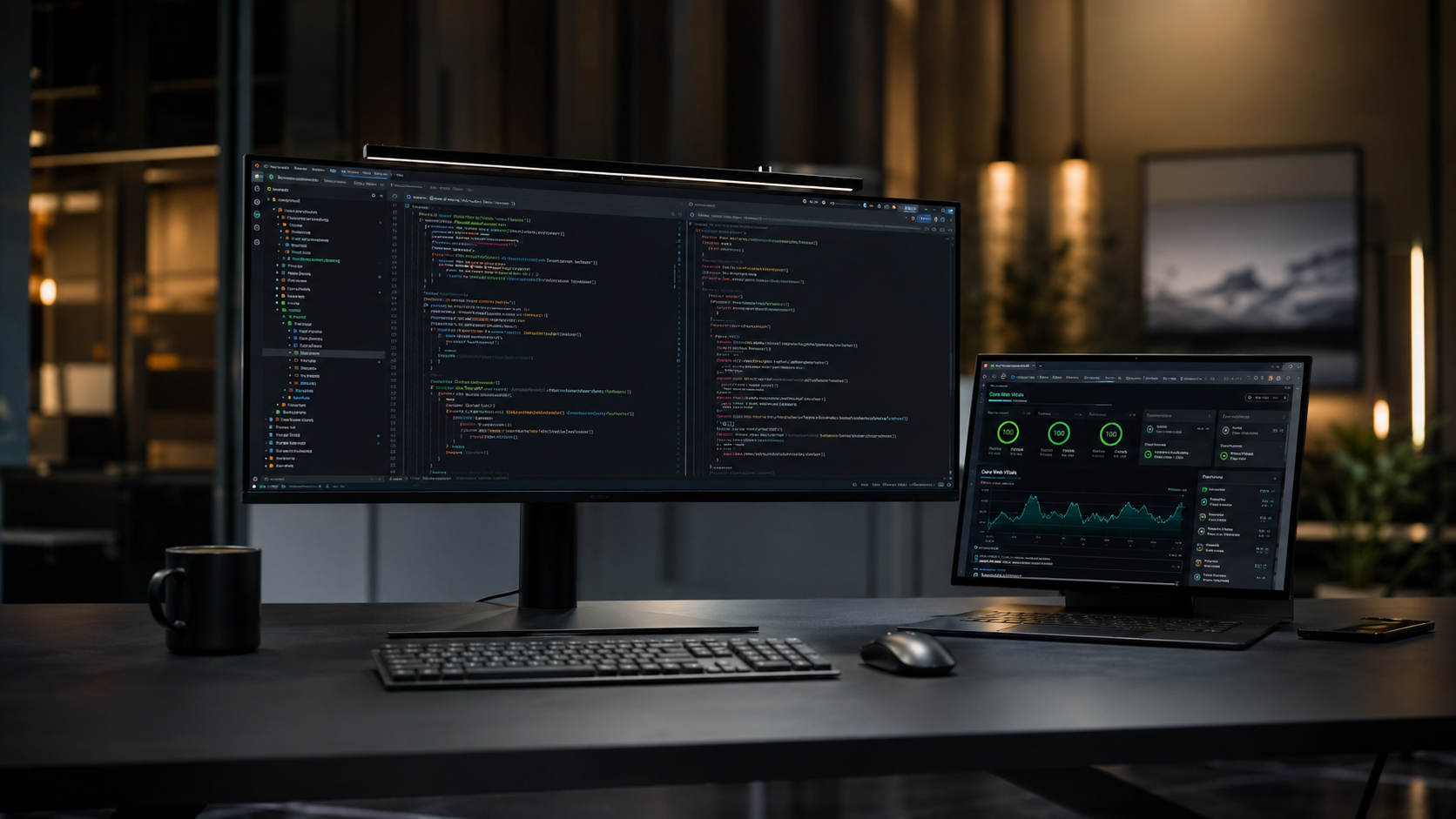 A minimalist, high-end software development workspace featuring a dual-monitor setup running clean Next.js and Tailwind CSS code architectures, optimized for page speed performance and secure deployment.