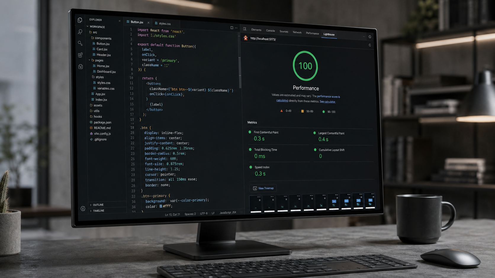 Clean engineering-focused server architecture code display on a modern high-end monitor within a minimalist software agency setup.