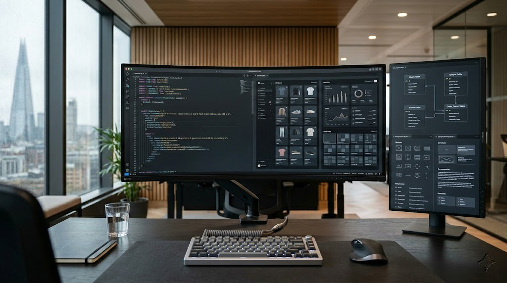 A high-end, minimalist software engineering workspace featuring clean frontend source code and responsive user interface wireframes displayed across multiple premium studio monitors, showcasing modern B2B tech agency standards.