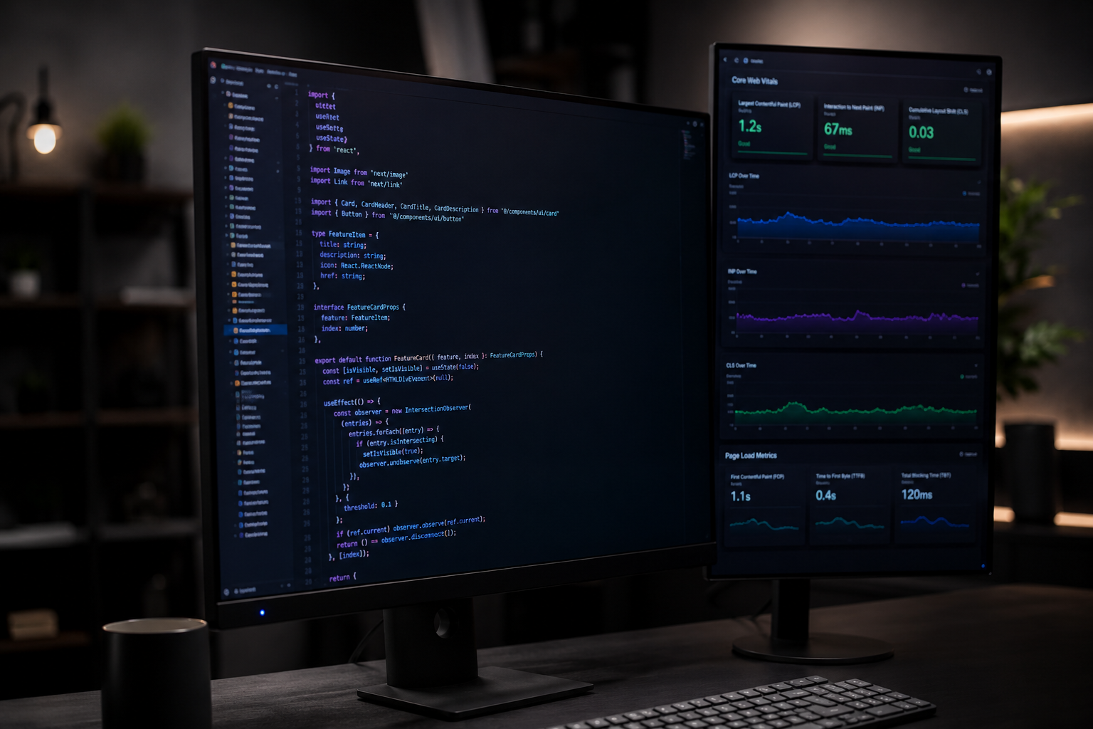 A clean, minimalist high-end software development environment showcasing optimized code repositories and Core Web Vitals diagnostics on premium monitors.