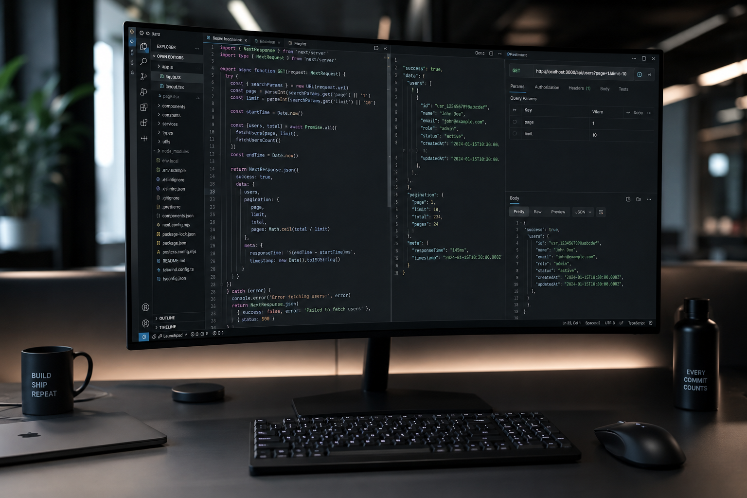 A minimalist, high-end server-side development environment showing clean API code and data pipelines on a premium monitor, reflecting professional tech agency architecture.