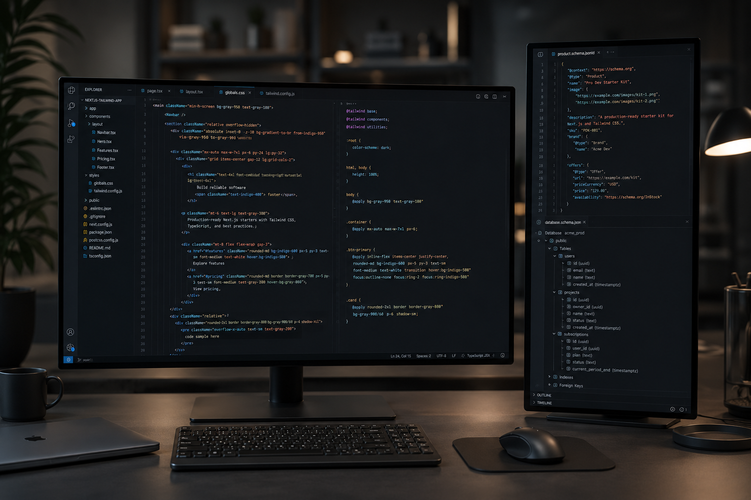 A high-end dual-monitor web development workstation displaying clean semantic code strings and structured JSON-LD schema layouts on dark mode integrated development interfaces inside a professional tech agency.