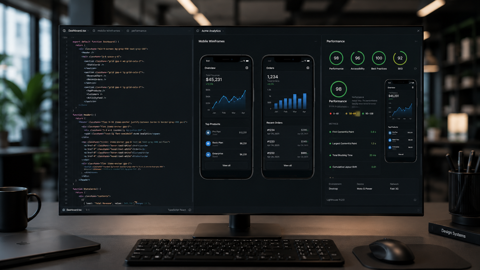 Technical B2B responsive web developer workspace showing clean mobile UI layout optimization metrics on a professional monitor.