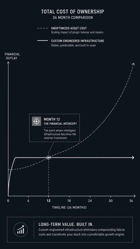 A vertical 9:16 infographic line graph plotting cumulative multi-year website maintenance costs over a 36-month timeline, showing custom code flattening out while templates increase in cost over time.