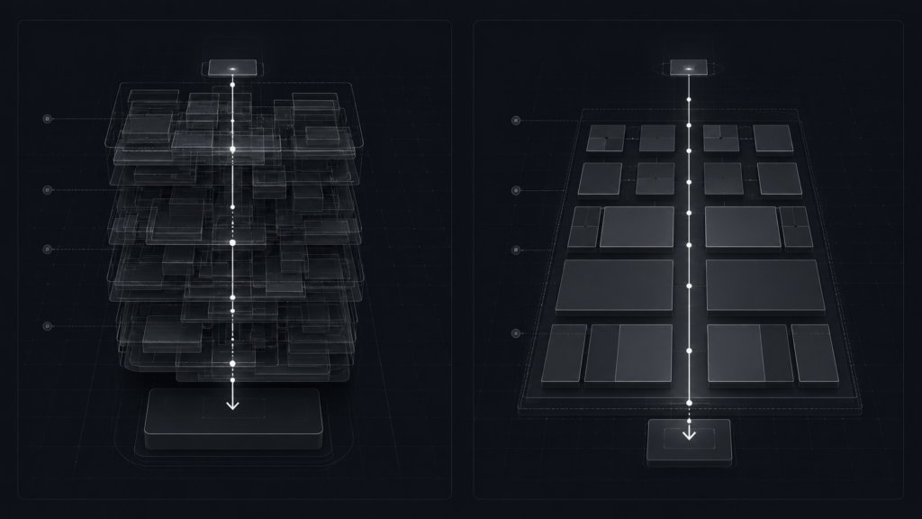 Why Your Business Needs a Professional Website vs Webflow 2 An isometric technical layout blueprint demonstrating the physical structural difference between unoptimized nested layouts from automated engines and optimized, clean semantic source code.