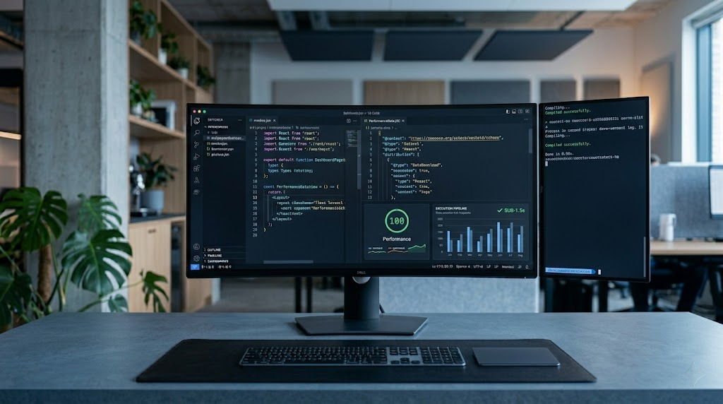 A minimalist high-performance dark mode development interface displaying optimized custom React framework source code and real-time Core Web Vitals diagnostic charts on a premium dual monitor workstation, clean professional software agency style.