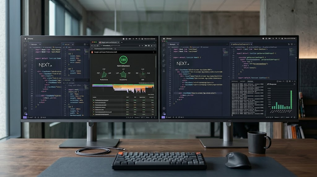 A clean minimalist software engineering workspace featuring high-end code editors and data pipeline metrics displayed on dual vertical dark mode monitors.