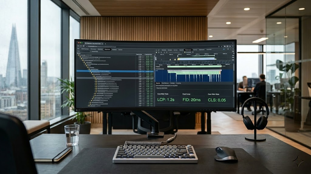 High-performance web browser diagnostic interface demonstrating optimized Interaction to Next Paint and Core Web Vitals metrics on a premium development monitor.