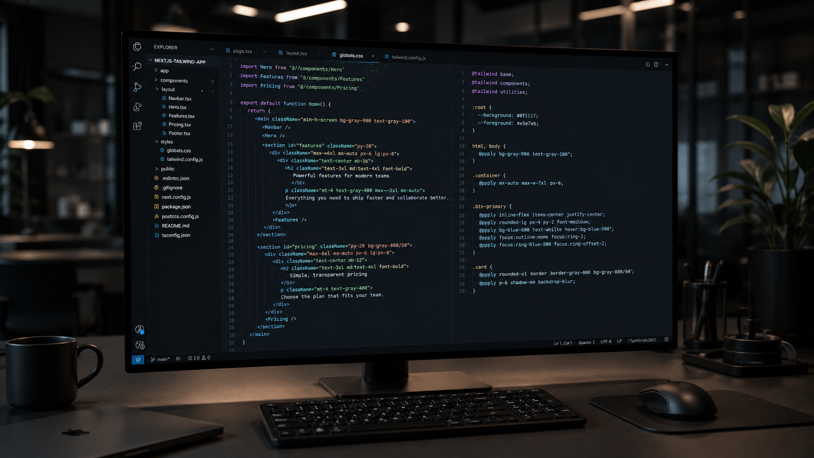 A minimalist, modern software engineering workspace showcasing a dark mode code editor with optimized React and Tailwind CSS components displayed on a high-end monitor.