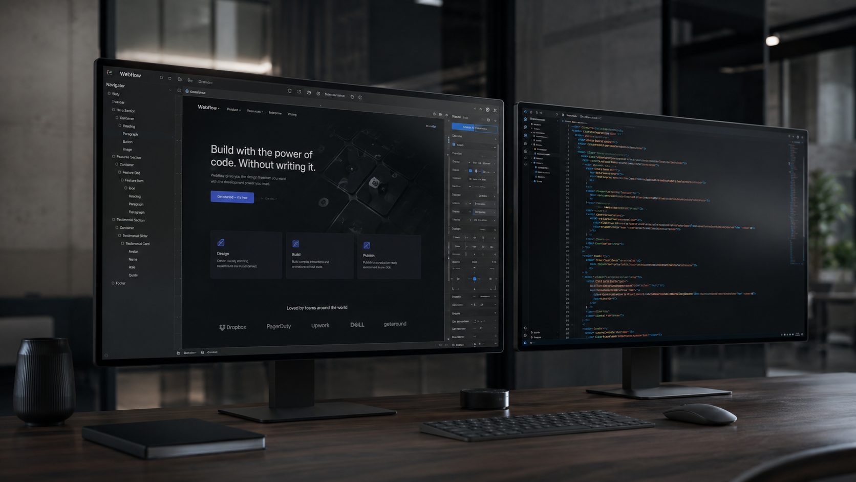 A minimalist B2B web development environment showing a high-end dual-monitor setup with clean Webflow visual design canvas on one screen and semantic Next.js code structures on the other, styled in a professional dark-mode tech agency layout.