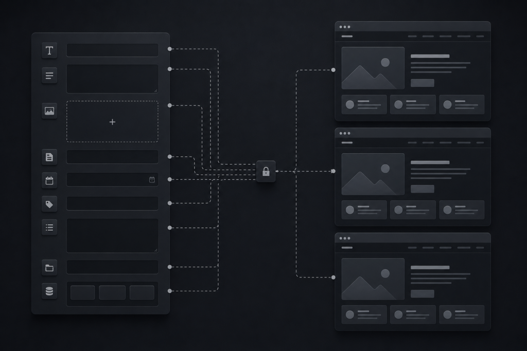 Technical UI/UX schematic detailing a database content management architecture where plain-text data fields populate uniform front-end responsive landing page templates.