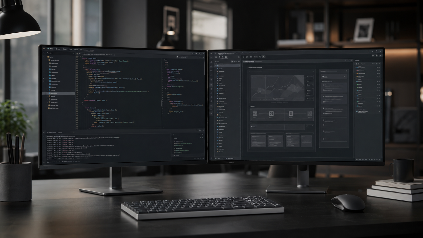 A professional, minimalist software engineering workstation showcasing a side-by-side technical code structure optimization and user interface wireframes on dual high-end studio monitors, emphasizing enterprise web development scalability.