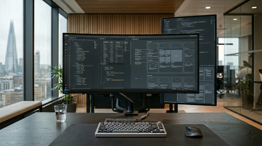 A professional, minimalist software engineering workstation showcasing a side-by-side technical code structure optimization and user interface wireframes on dual high-end studio monitors, emphasizing enterprise web development scalability.
