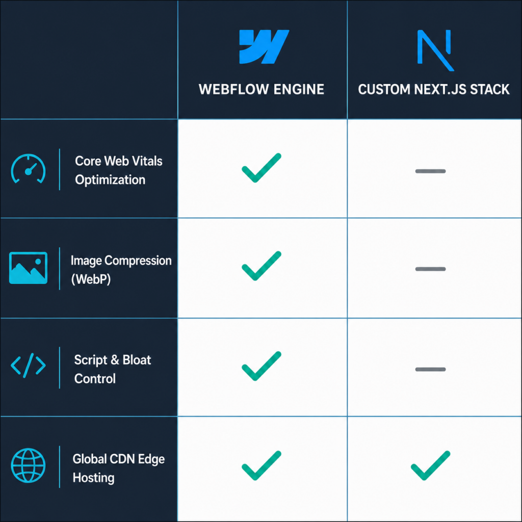 A flat vector infographic 1:1 comparison table highlighting technical search engine optimization and Core Web Vitals differences between Webflow's native cloud engine and a custom Next.js code infrastructure stack.