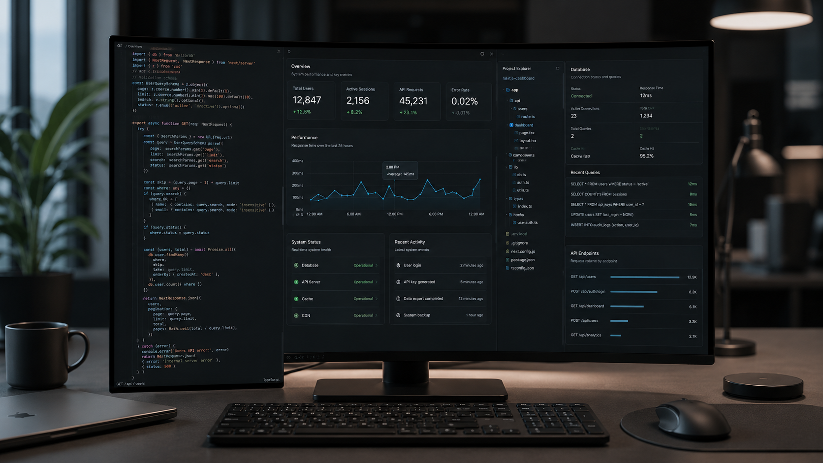 A high-end minimal software development workspace showcasing data visualizations, clean code structures, and a responsive web application layout optimized for fast performance on a premium monitor.