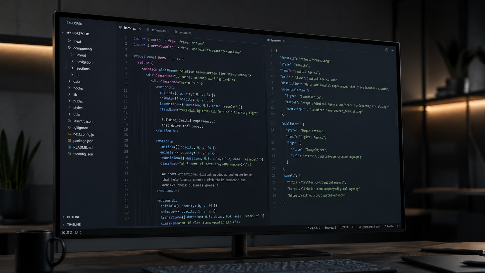 A premium dark mode development interface displaying clean code optimization metrics, a nested web directory structure file tree, and Core Web Vitals performance data on a high-end software agency monitor.