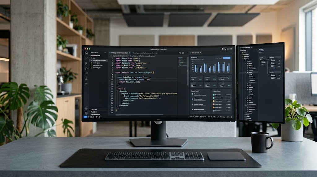 A premium, minimalist tech environment showcasing an ultra-wide monitor displaying clean, modular Next.js and Tailwind CSS code files alongside a live, responsive B2B software application preview, set against a dark mode digital agency studio backdrop.