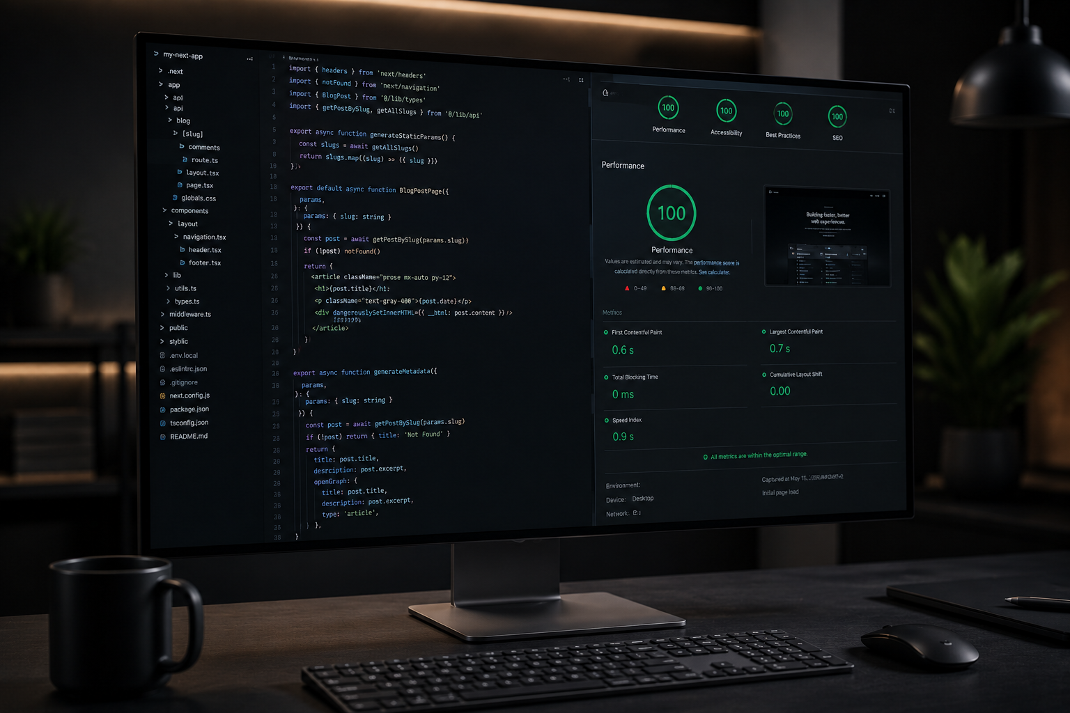 A clean dark mode code editor displaying structured Next.js configuration properties beside a performance optimization dashboard with a 90 plus core web vitals score.