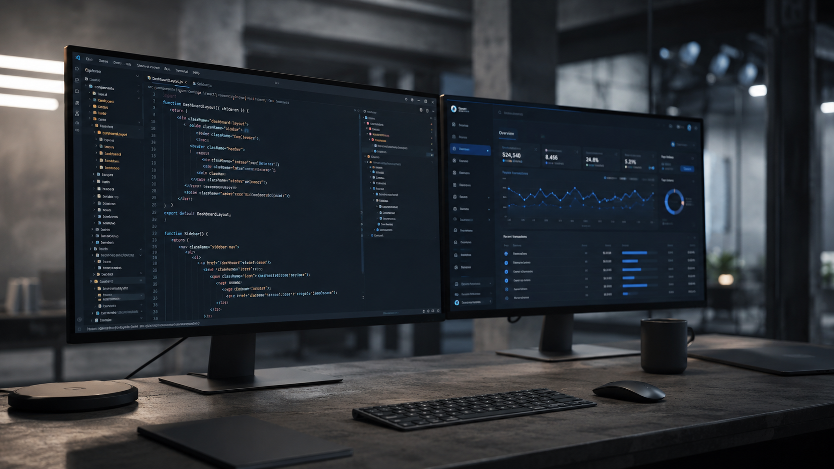 High-performance developer workspace featuring a custom-engineered Next.js application structure displayed on a premium high-resolution monitor in a dark mode software agency setting.