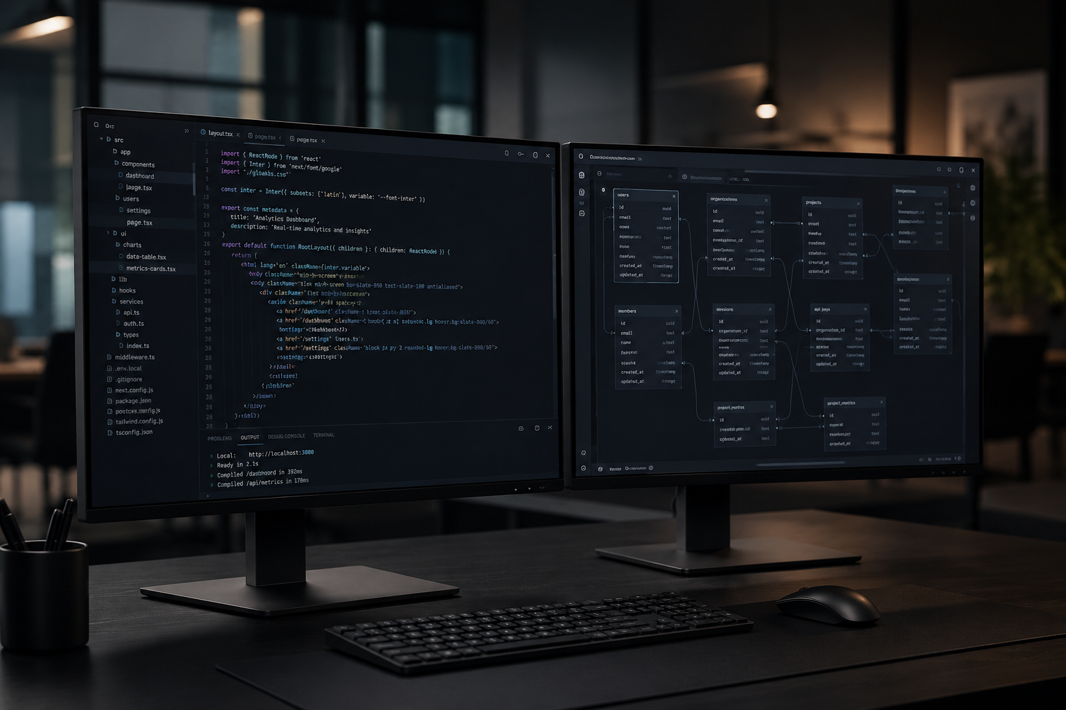 A minimalist dual-monitor developer workstation displaying side-by-side technical code comparisons of a clean Next.js architecture and a structured database schema in a modern dark-mode digital agency environment.