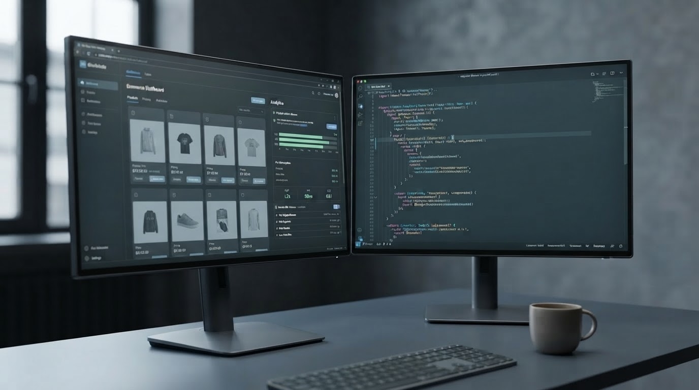 Dark-mode B2B ecommerce website development environment on dual high-end monitors, one screen showing a clean platform dashboard and one showing custom code architecture, on a minimalist slate desk.