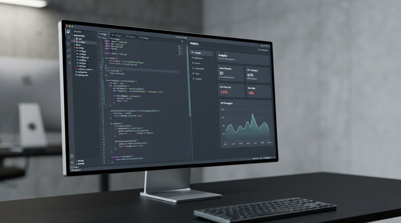 Bespoke web application development shown on a high-end monitor displaying clean, structured code and a minimalist dark-mode dashboard in a professional developer workspace.
