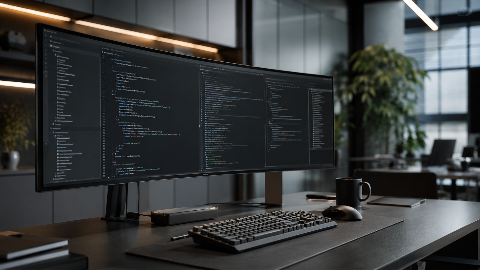 A modern, dark-mode development environment displaying clean codebase architecture on a monitor, representing how to technically vet the best web development agencies.
