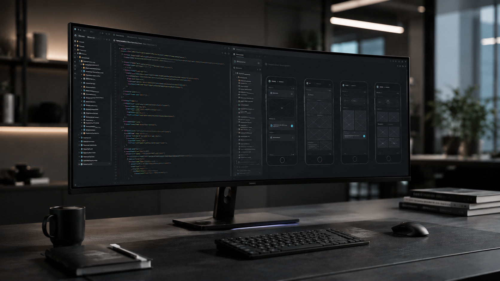 A dark mode monitor displaying a clean codebase and architectural wireframes, representing the custom website development process for B2B tech agencies.