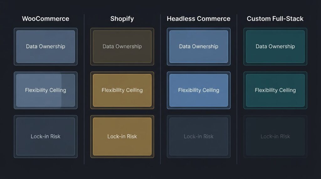 Ecommerce platform architecture comparison diagram showing WooCommerce, Shopify, headless Next.js, and custom Laravel development across data ownership, flexibility, and lock-in risk layers in a dark-mode technical layout.